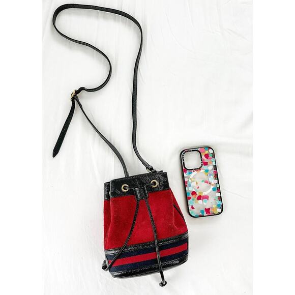 Gucci Small Ophidia Red Suede and Ribbon Patent Leather Bucket Crossbody Purse - Picture 2 of 11